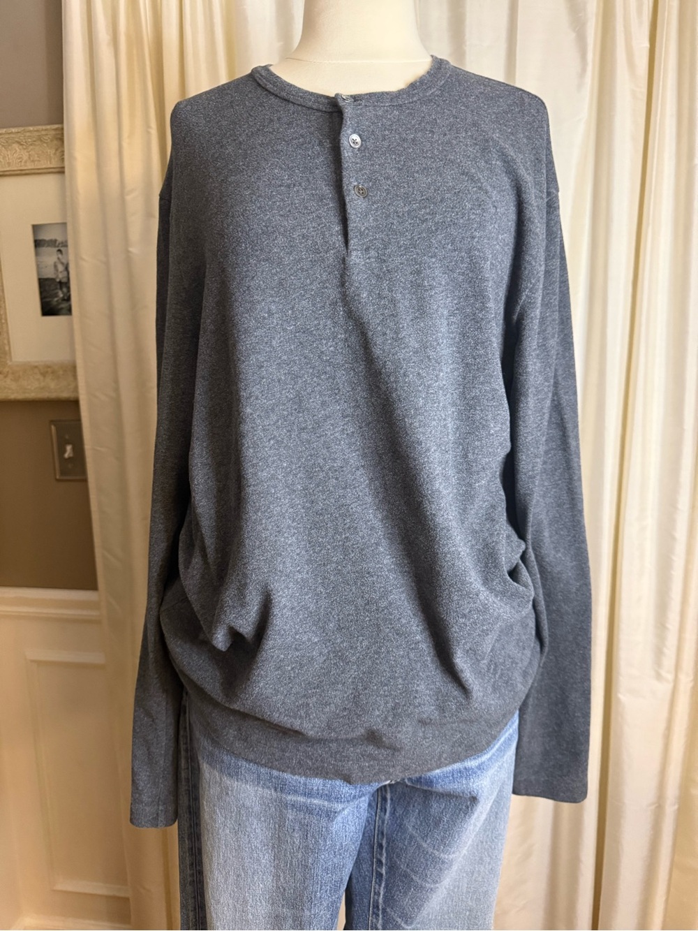 James Perse Men's Grey Long-Sleeve Henley Shirt- Large